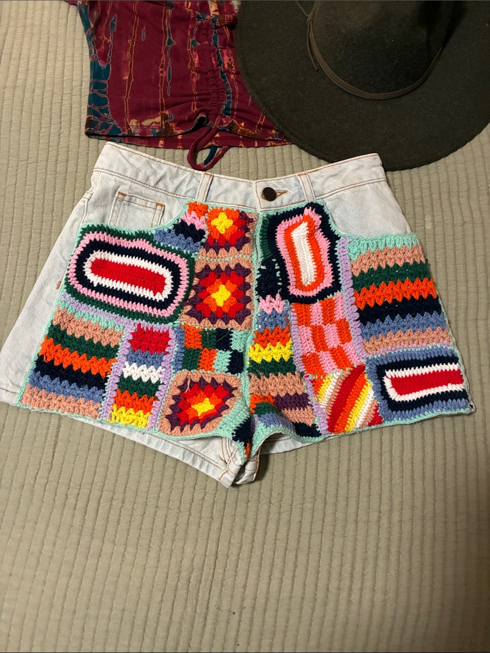 FARM Rio Multicolor Crochet Patchwork Jean Shorts